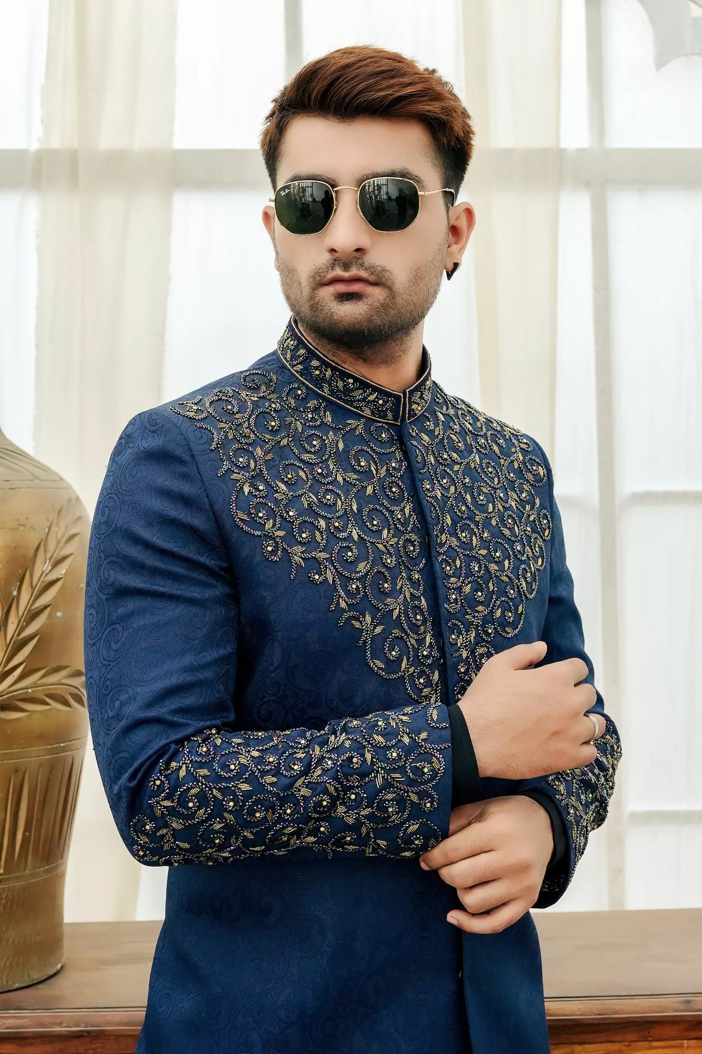 Blue Jacquard with Front and Sleeves Hand Work