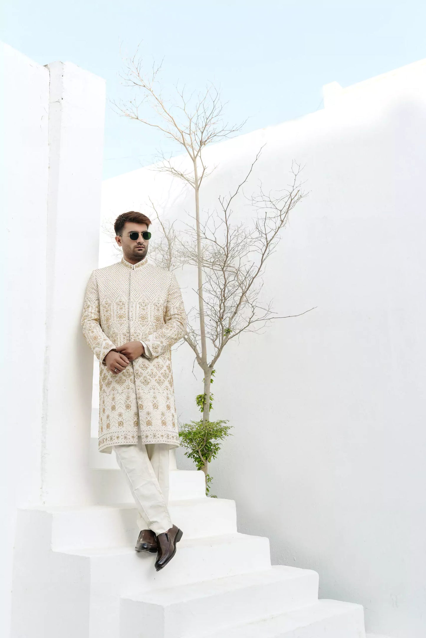 Pearl White with Complete Hand Work Sherwani