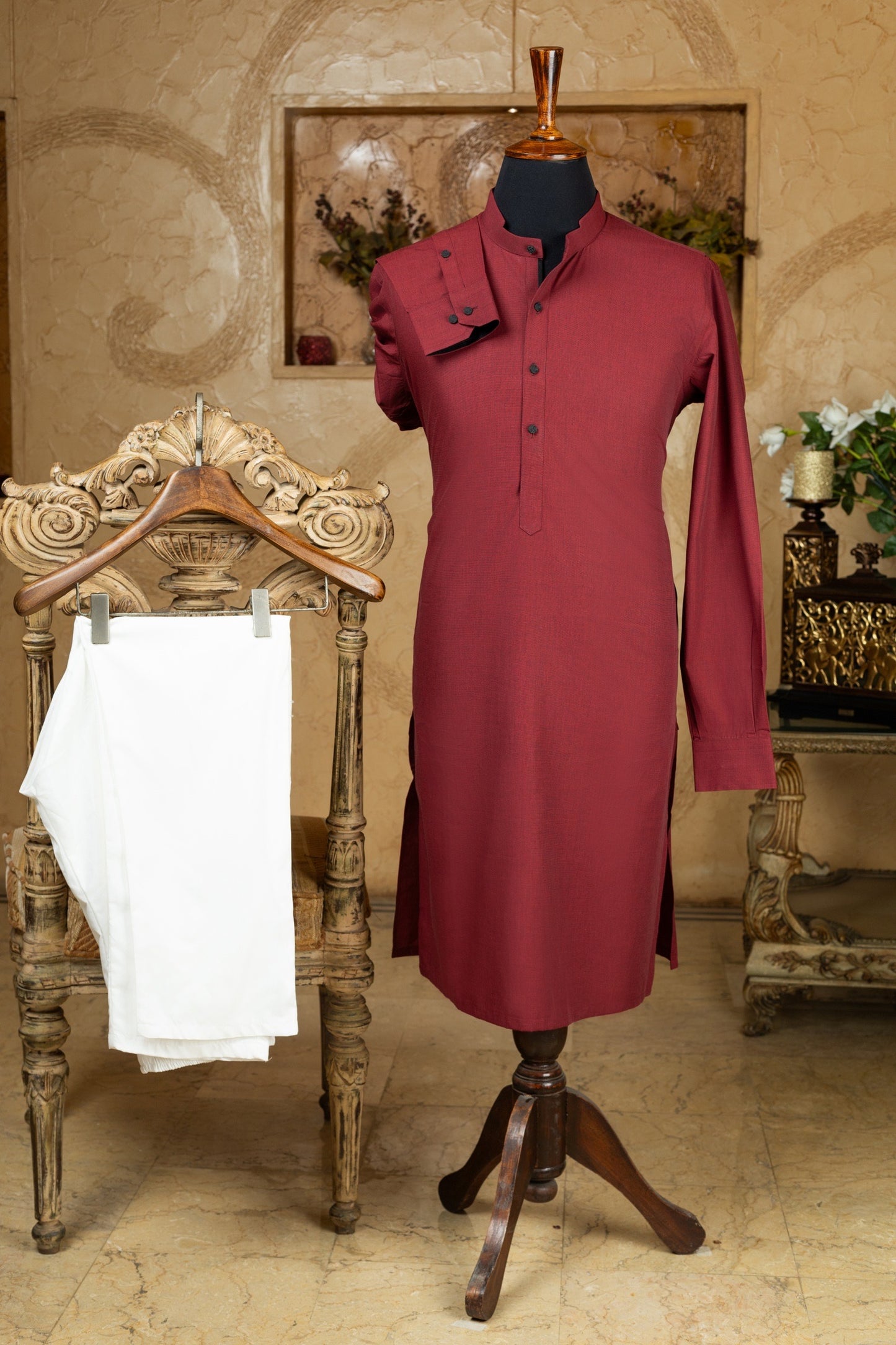 Red Jacquard Cotton Kurta with Trouser