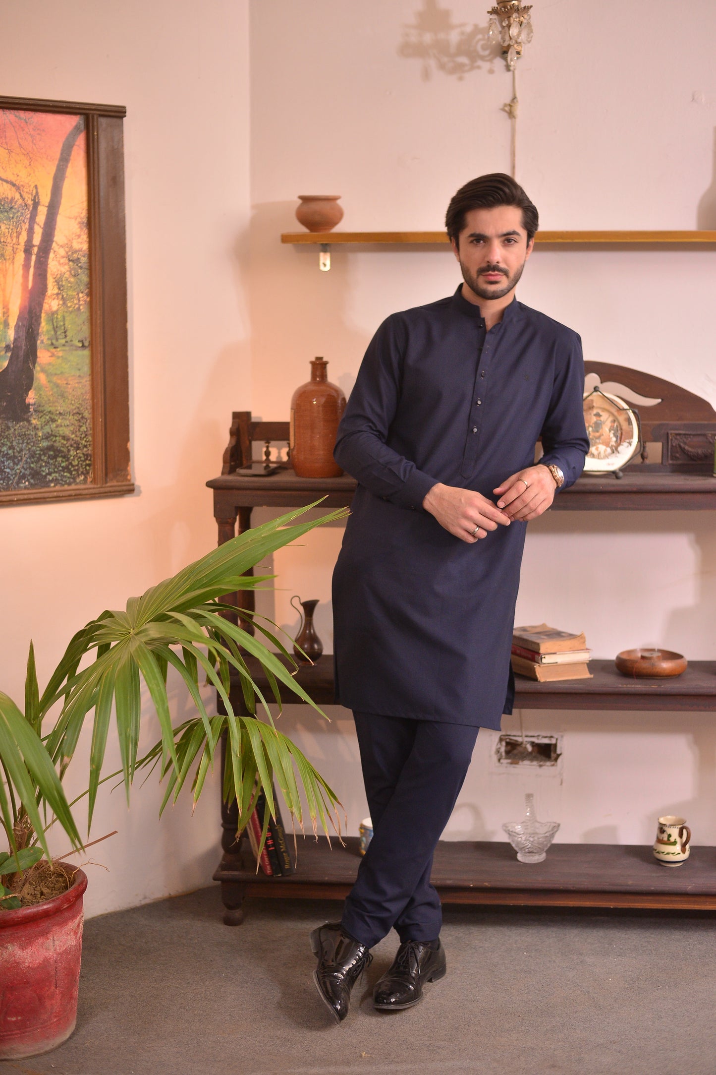 Navy Blue Mandarin Collar Kurta Trouser