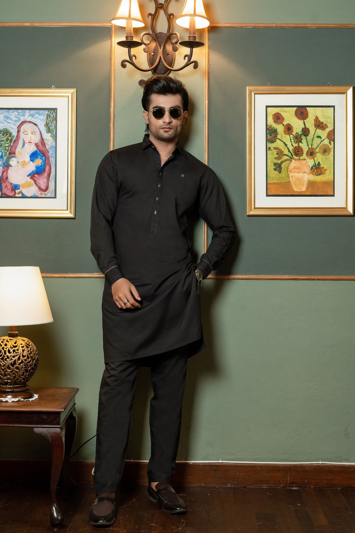 Black Textured Kurta Trouser