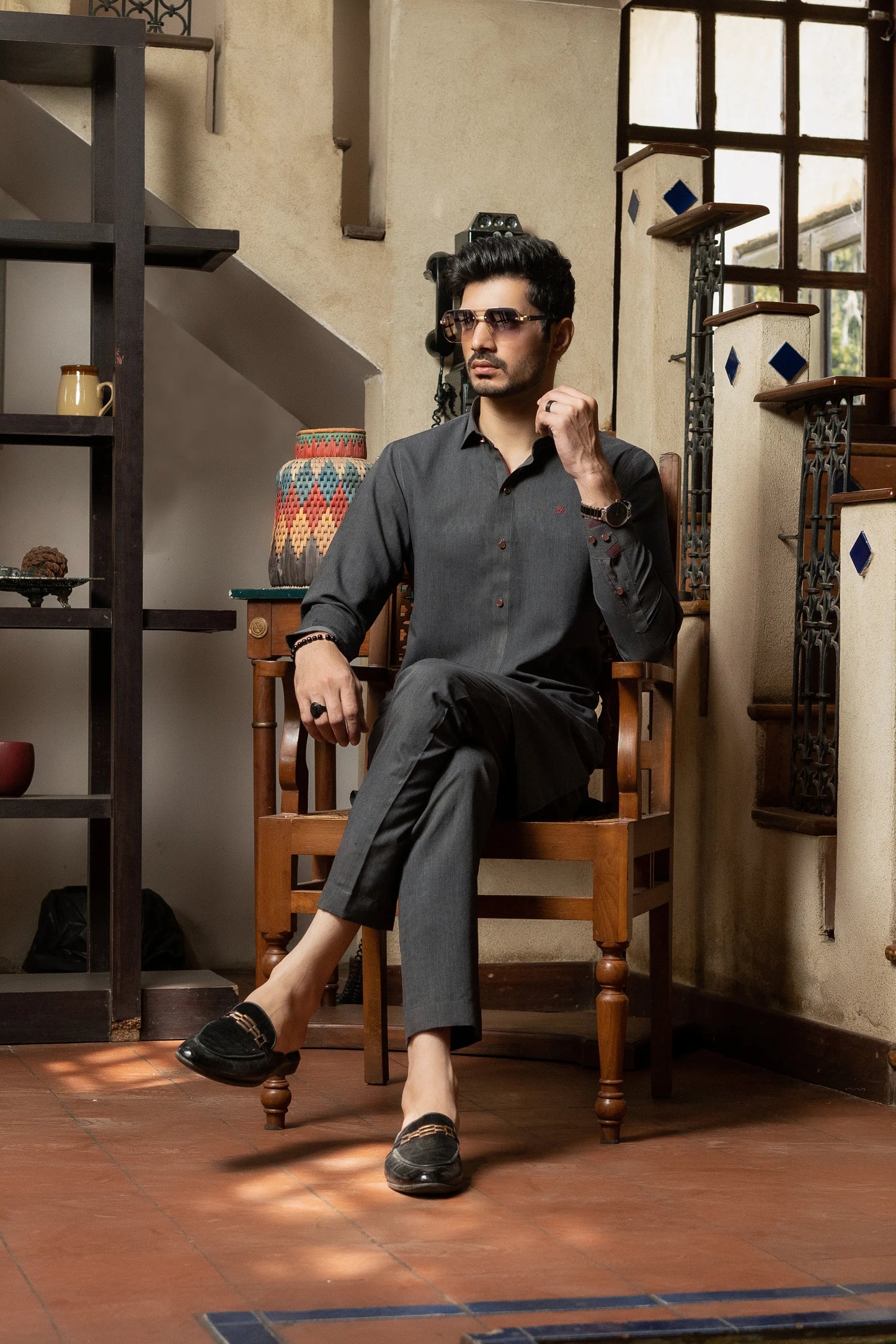 Charcoal Grey Textured in Classic Collar Kurta Trouser