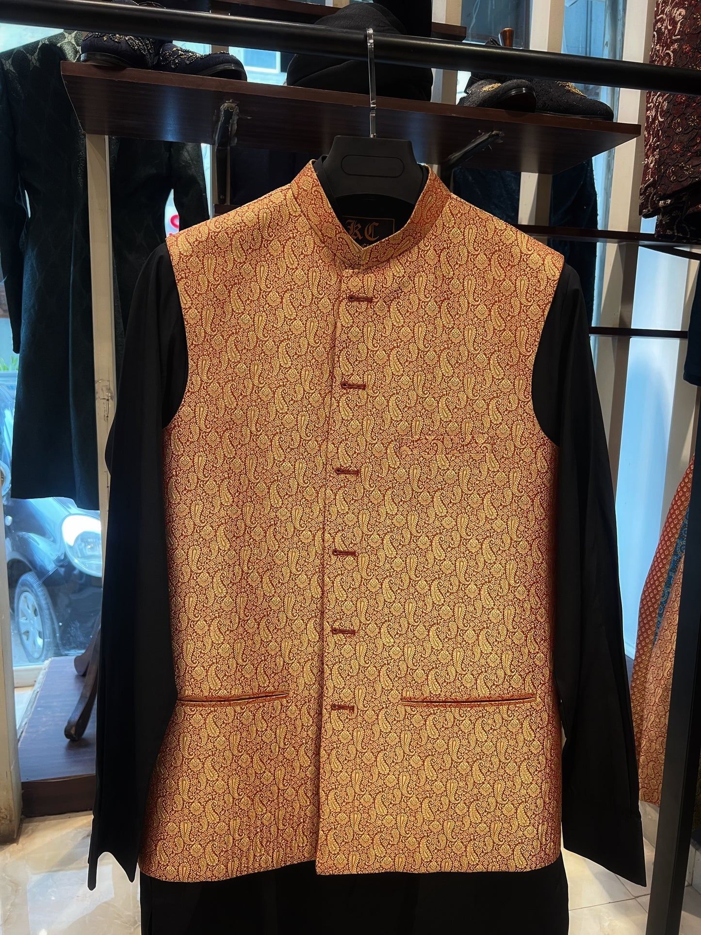 Golden & Red Jamawar Waist Coat