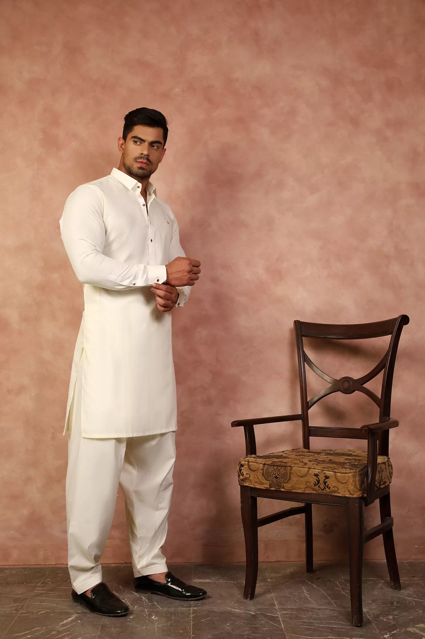 Cream Collar Shalwar Kameez with Golden Signature Logo