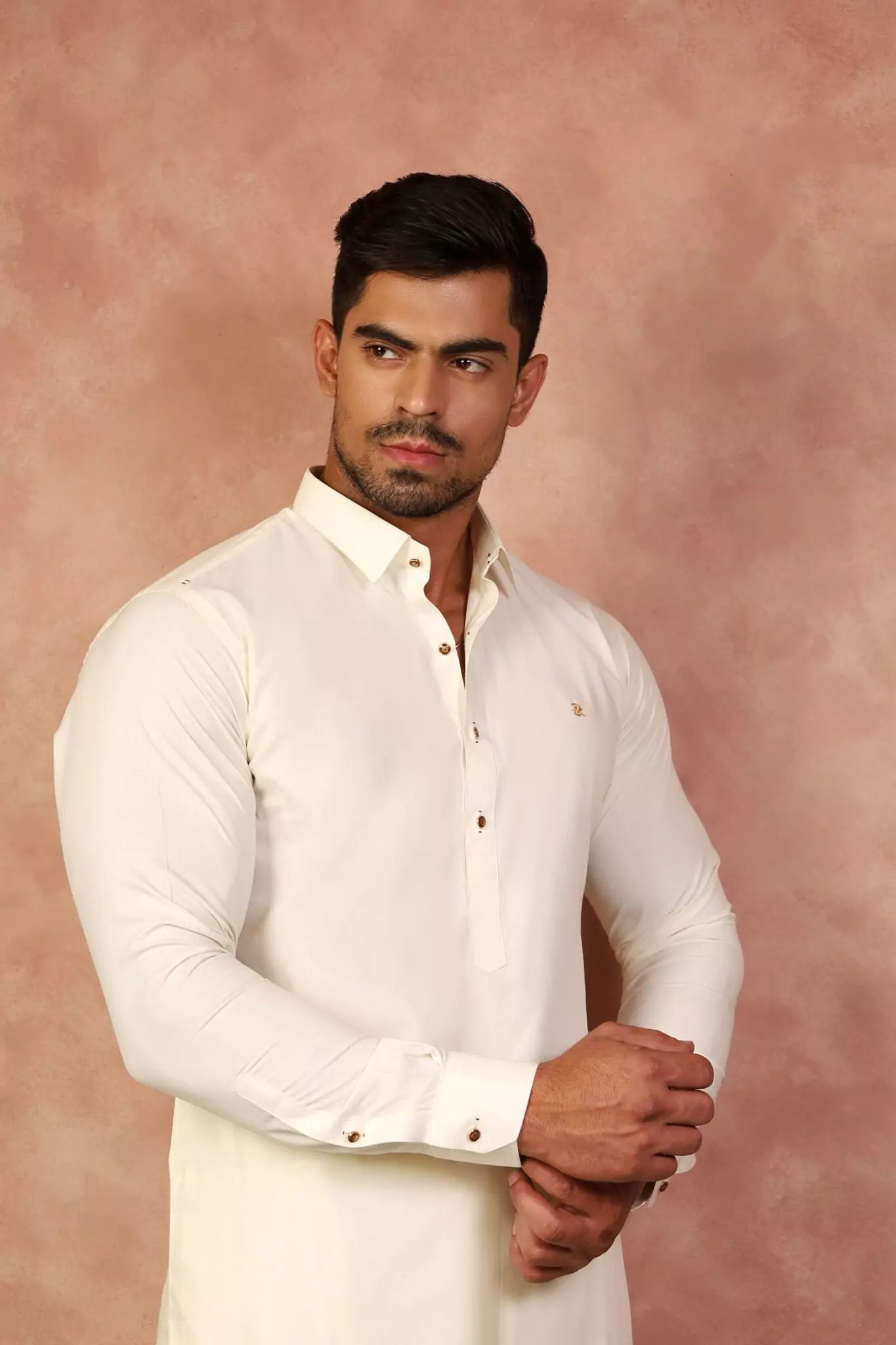 Cream Collar Shalwar Kameez with Golden Signature Logo