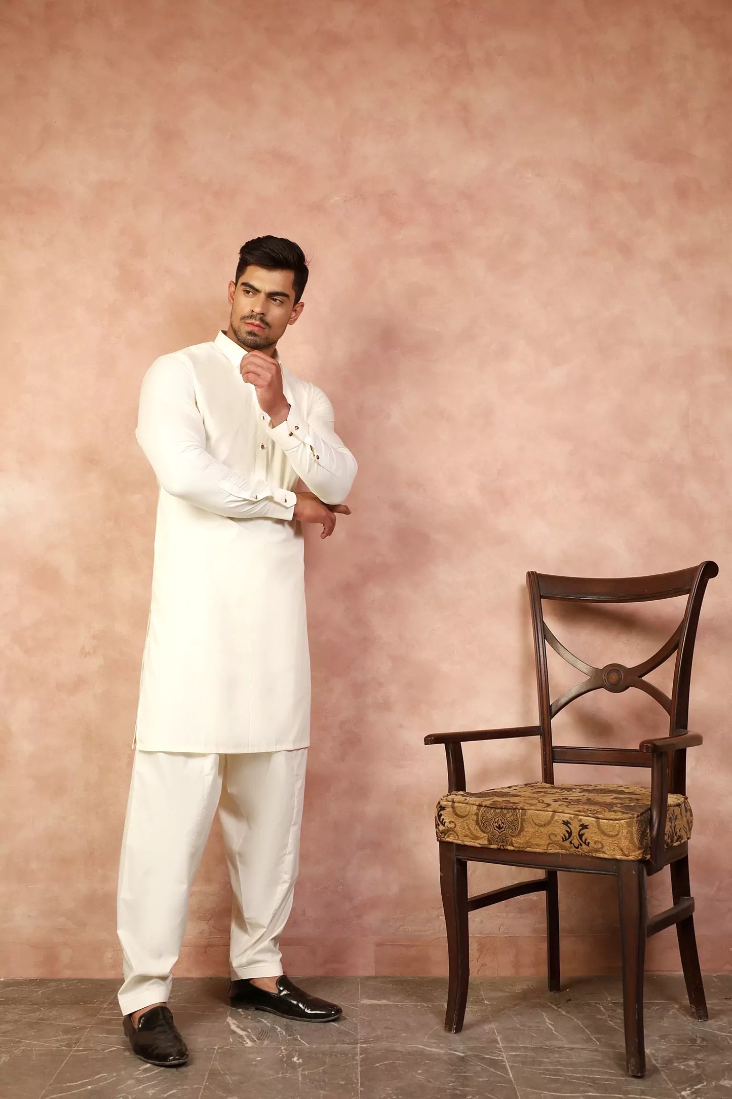 Cream Collar Shalwar Kameez with Golden Signature Logo
