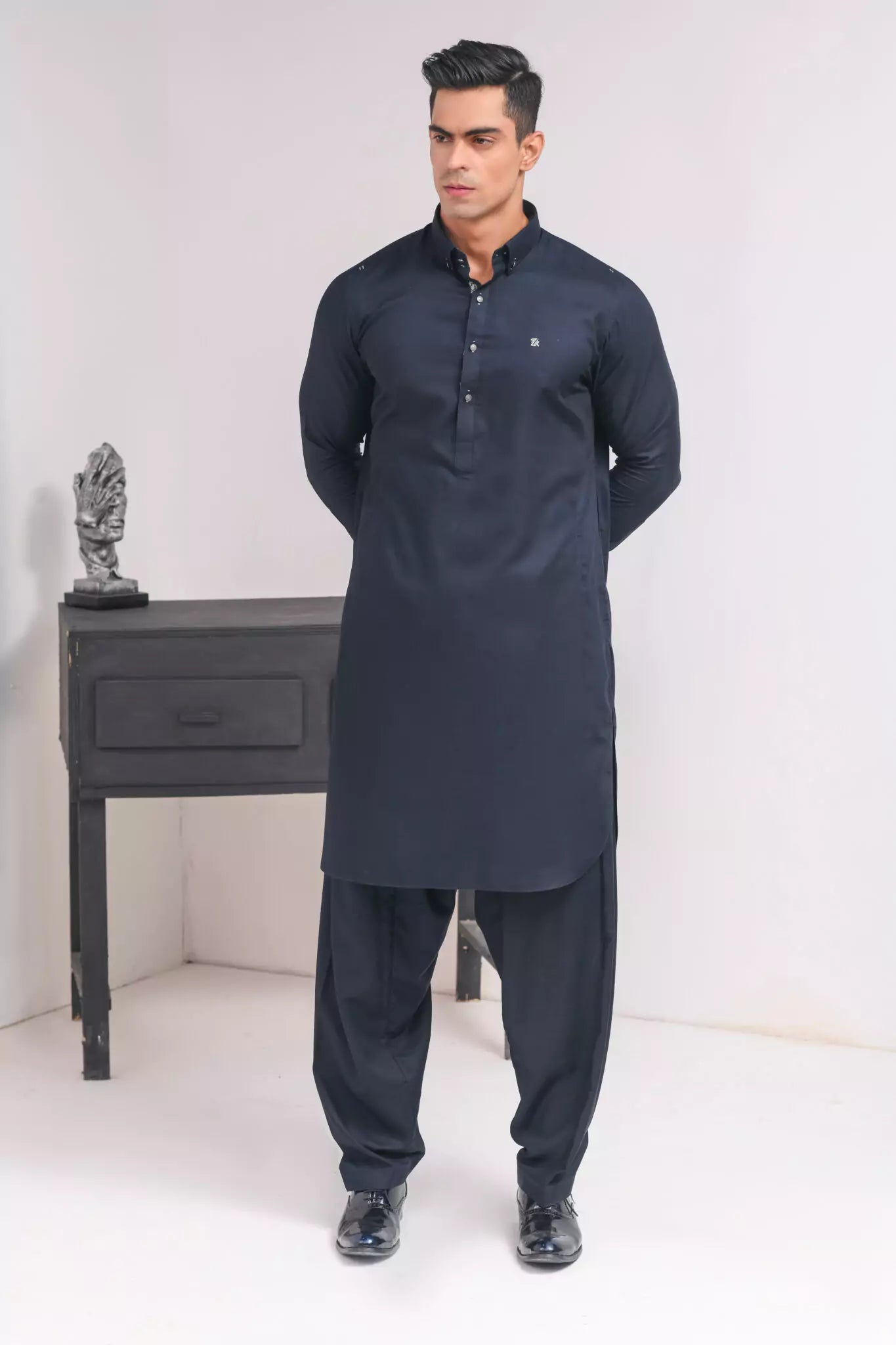 Dark Navy Blue Classic Collar Shalwar Kameez