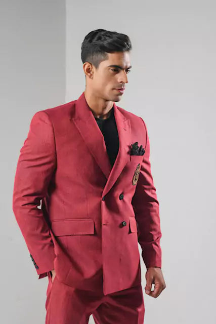Red Wool Linen Double Breasted Suit