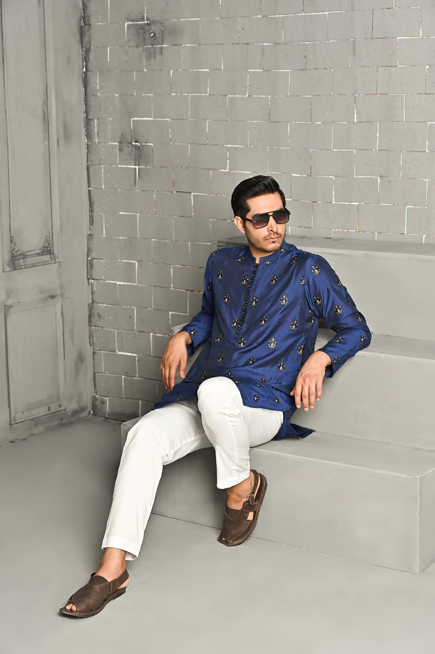 Blue Cotton Silk Embroidered Kurta Trouser