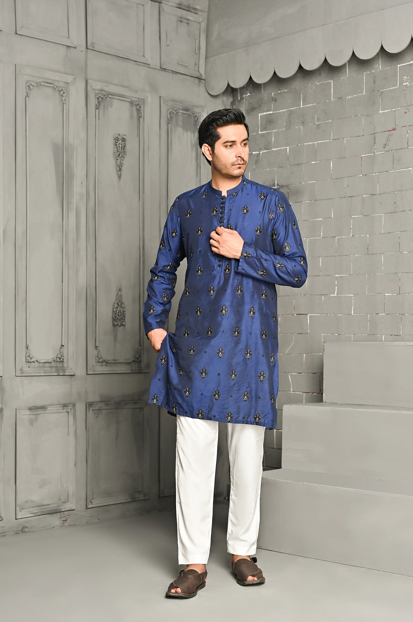 Blue Cotton Silk Embroidered Kurta Trouser