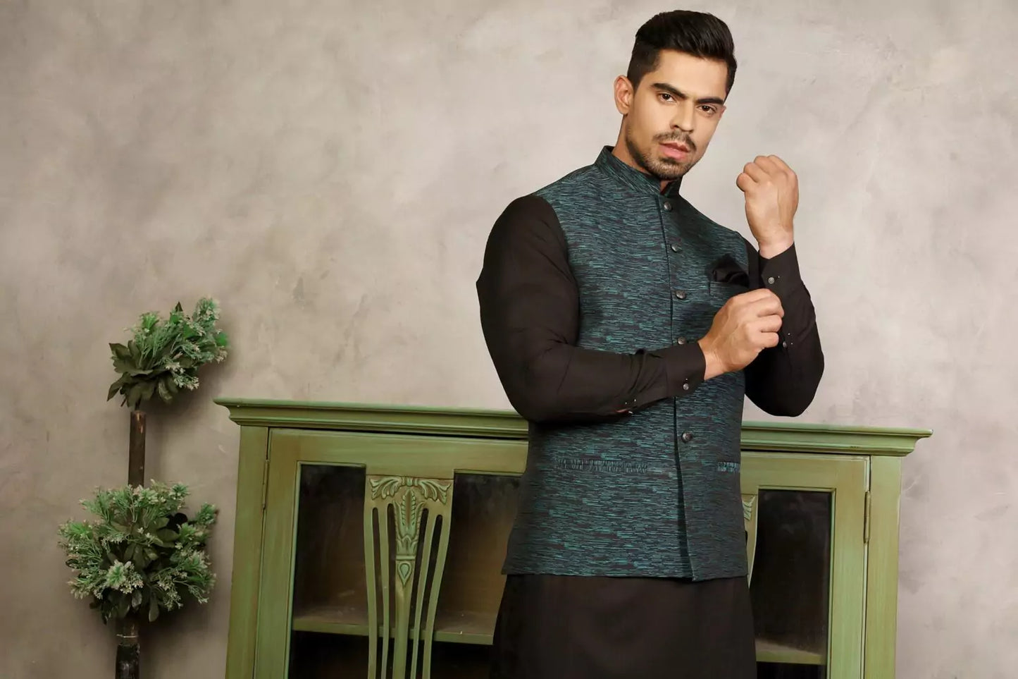 Black & Dark Green Printed Waist Coat
