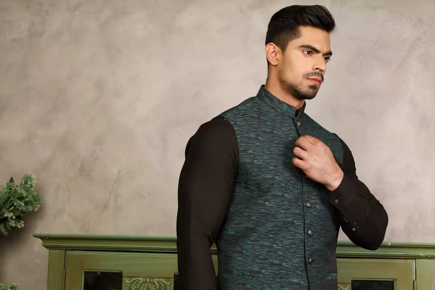 Black & Dark Green Printed Waist Coat