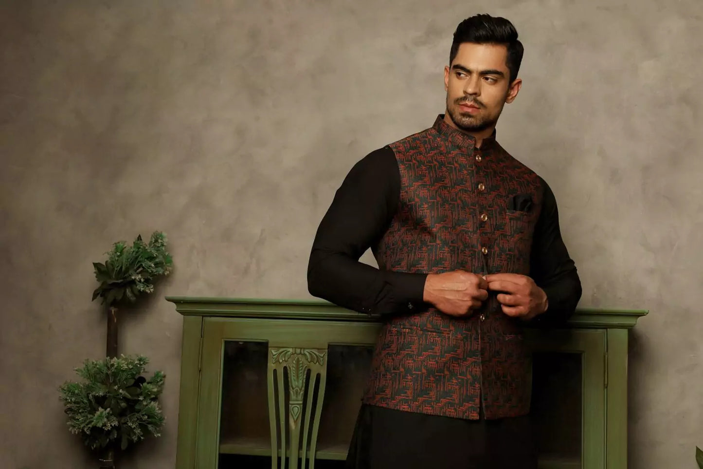 Green & Mustard Printed Waist Coat