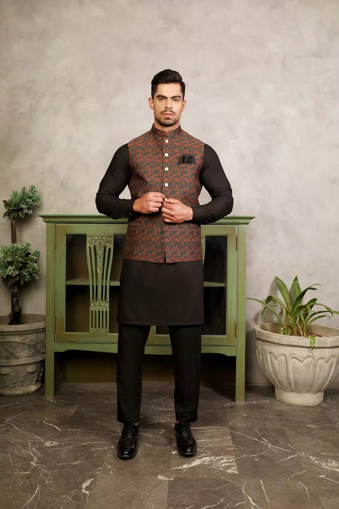 Green & Mustard Printed Waist Coat