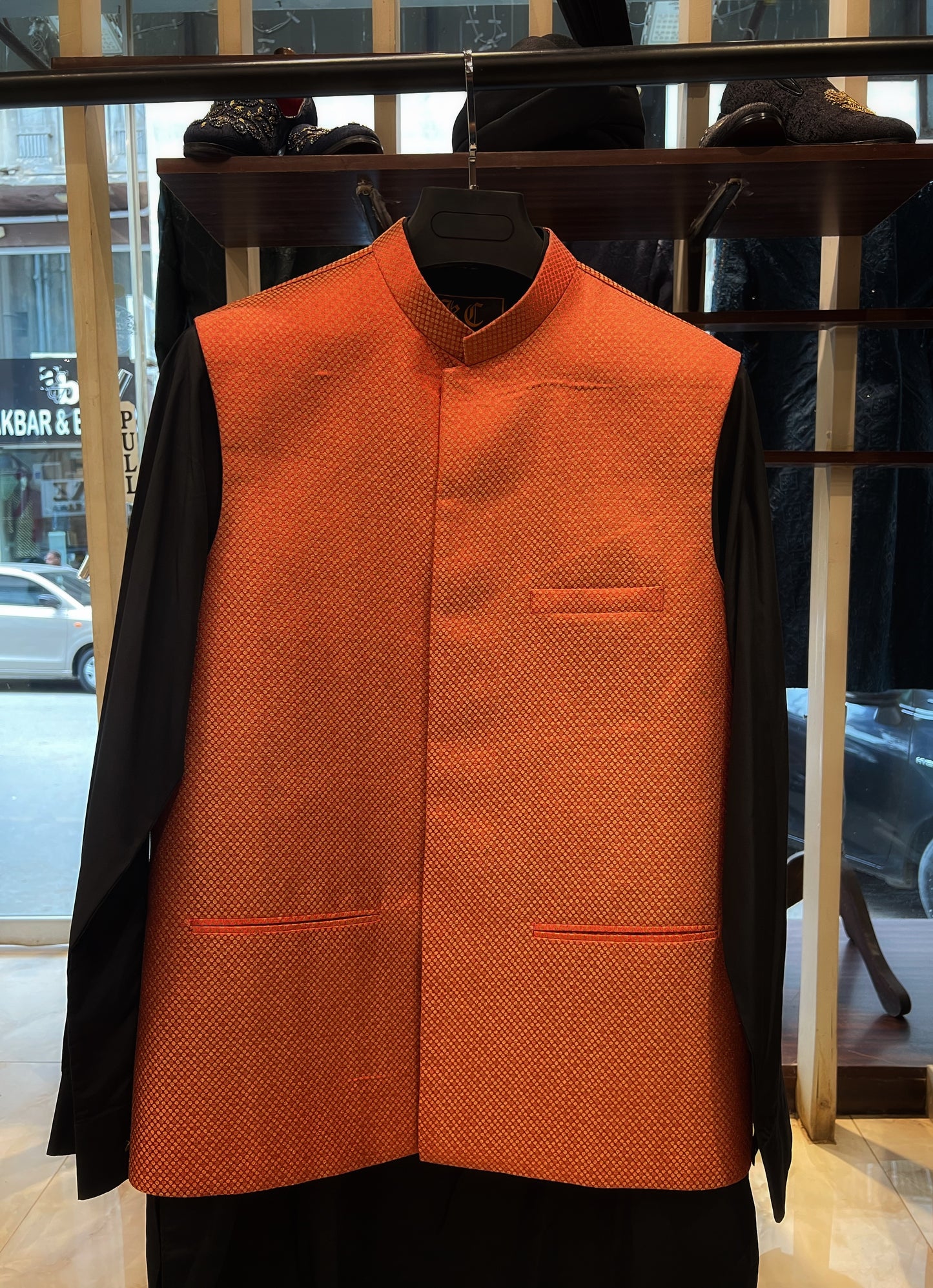 Orange Jamawar Waist Coat