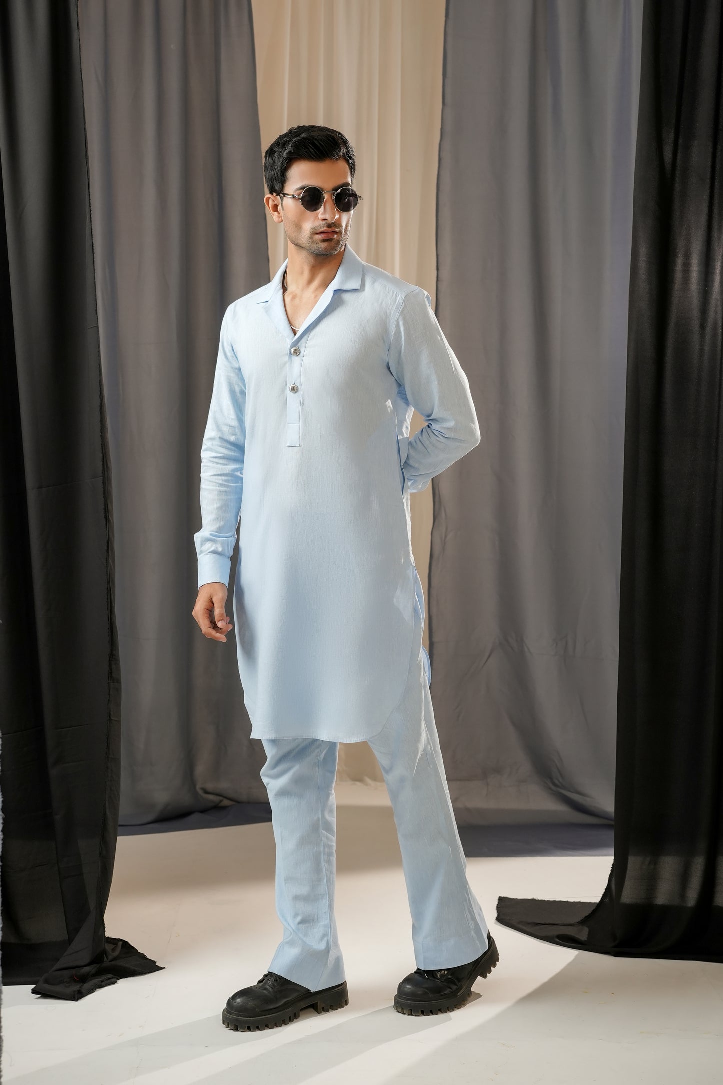 SKY BLUE LINEN CUBIN KURTA TROUSER