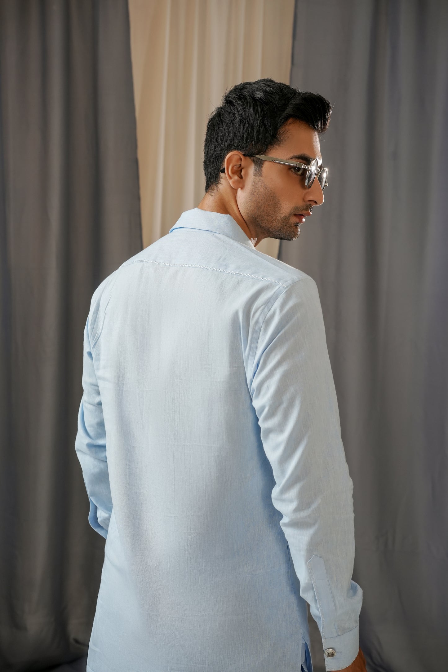 SKY BLUE LINEN CUBIN KURTA TROUSER