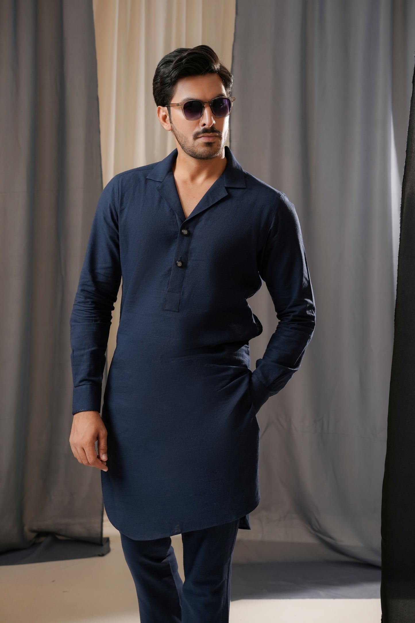 DARK BLUE LINEN CUBIN KURTA TROUSER