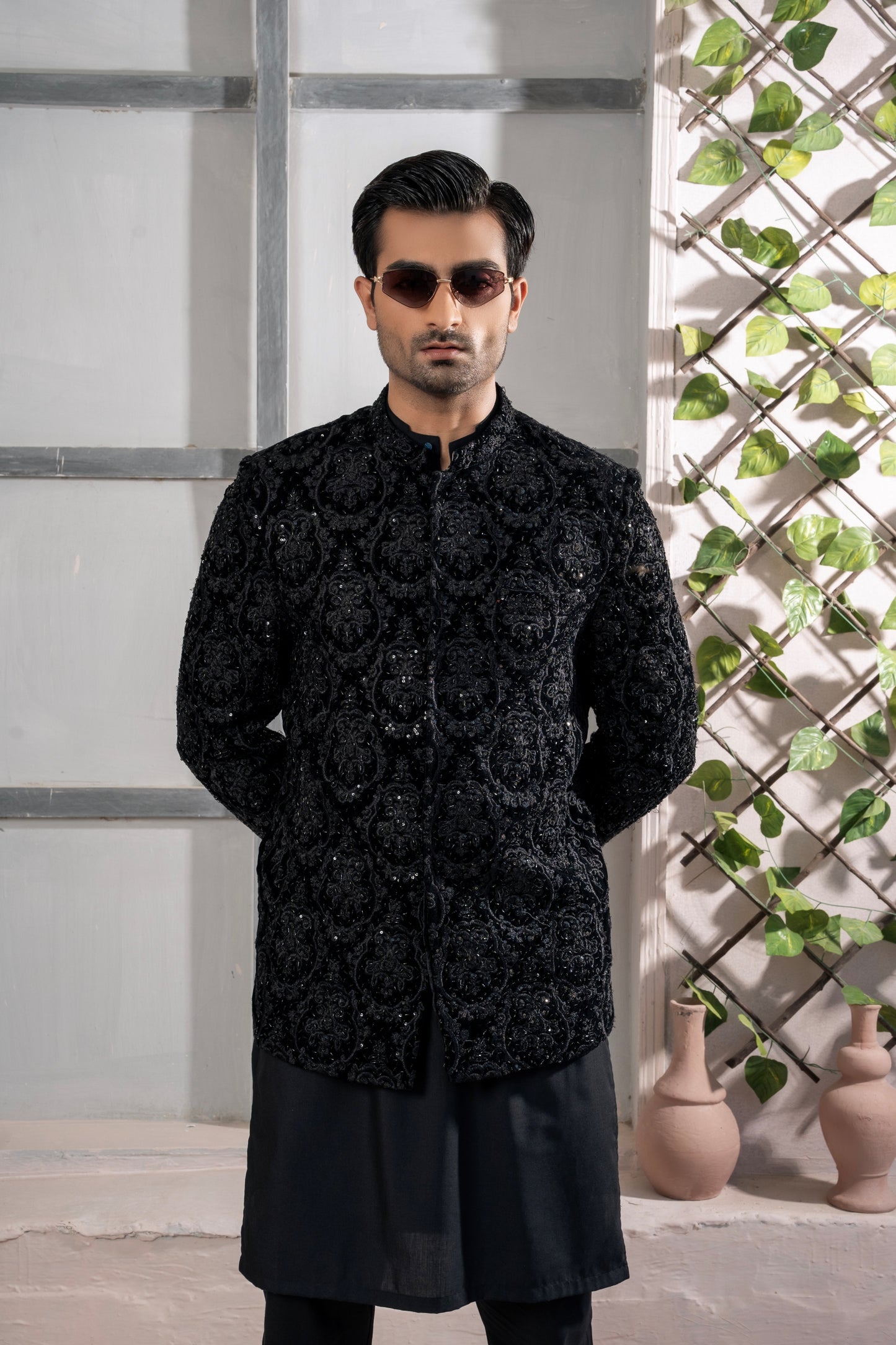 Black Velvet Hand Work Prince Coat