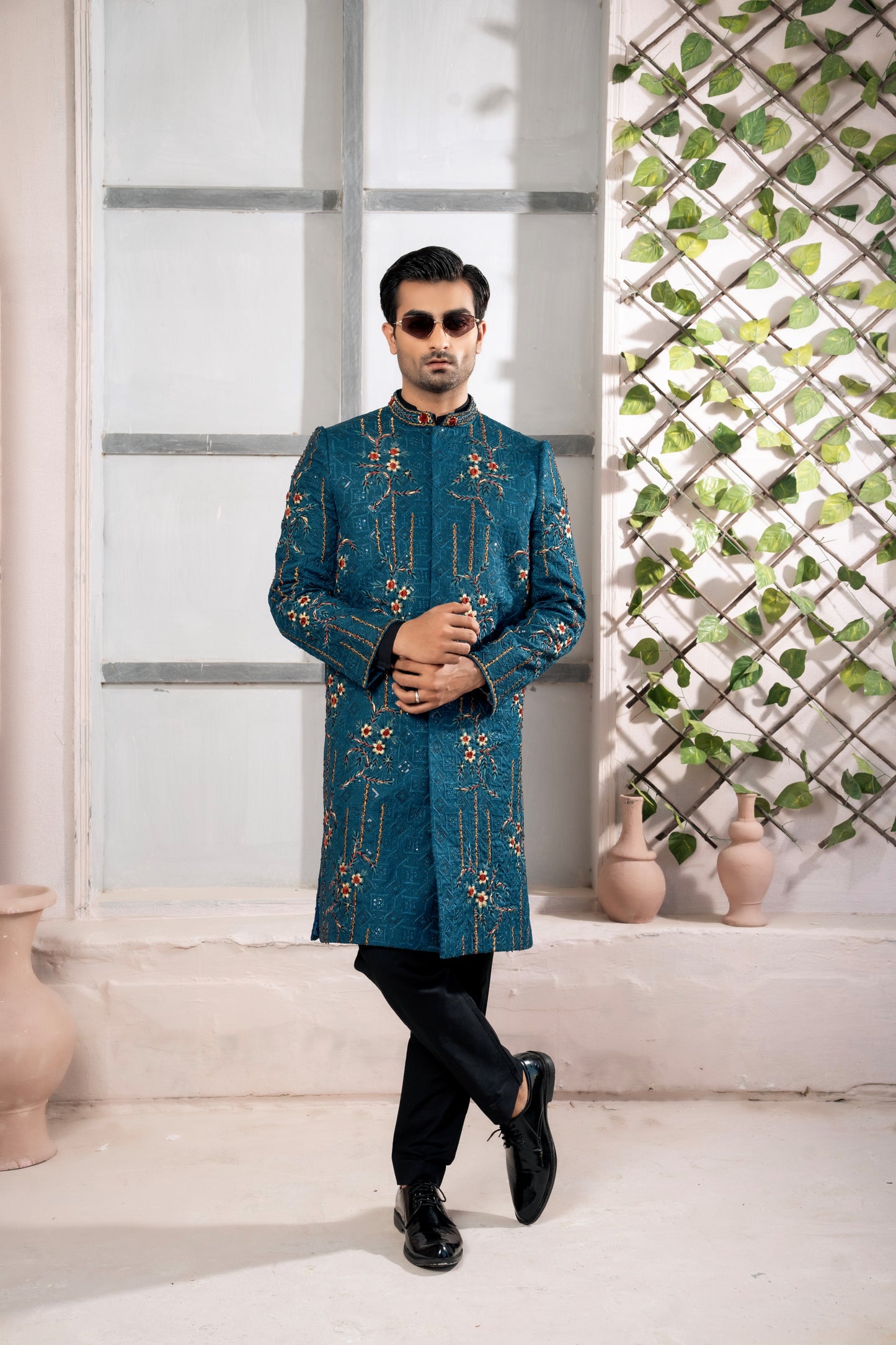 Teal Blue Hand Work Sherwani