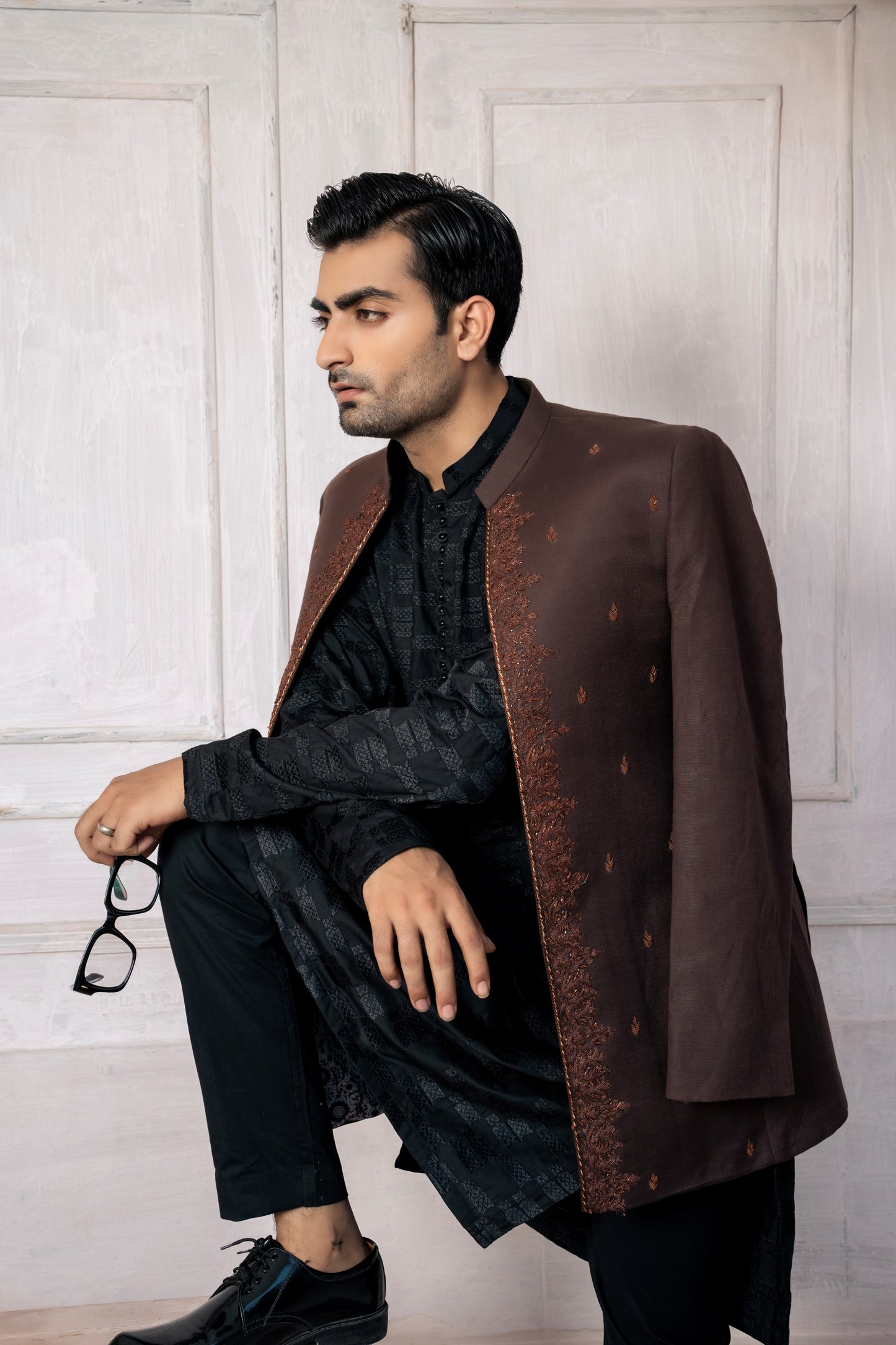Brown Hand Work Long Prince Coat