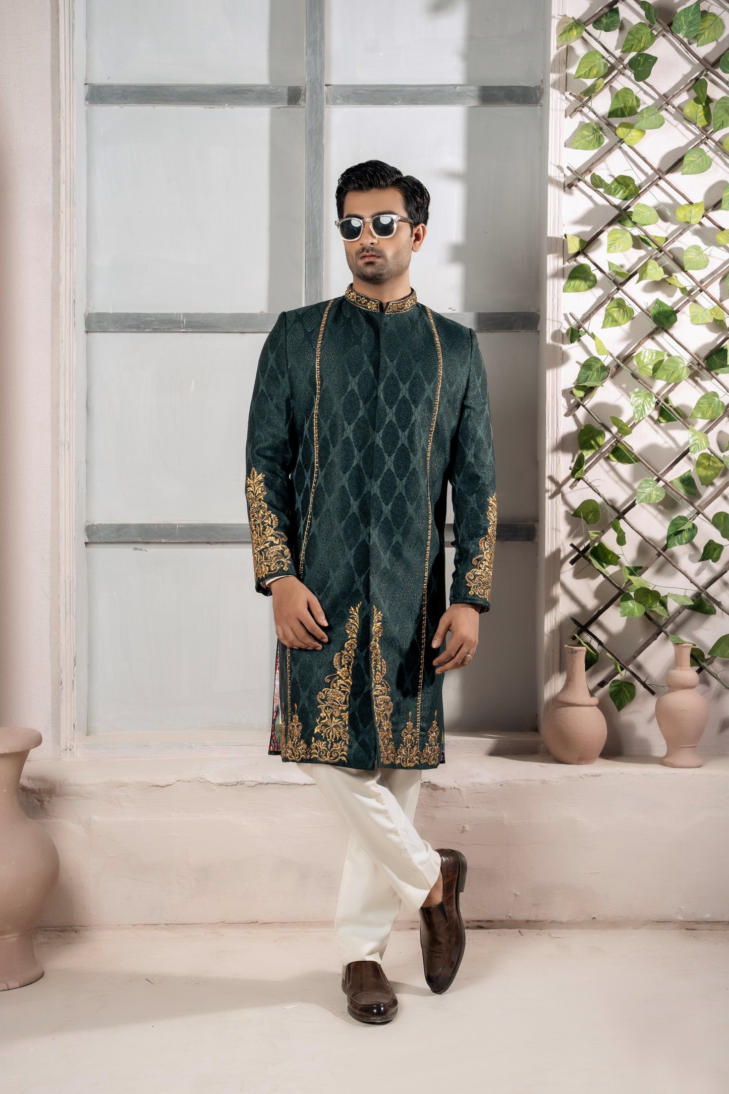 Green Jacquard Sherwani