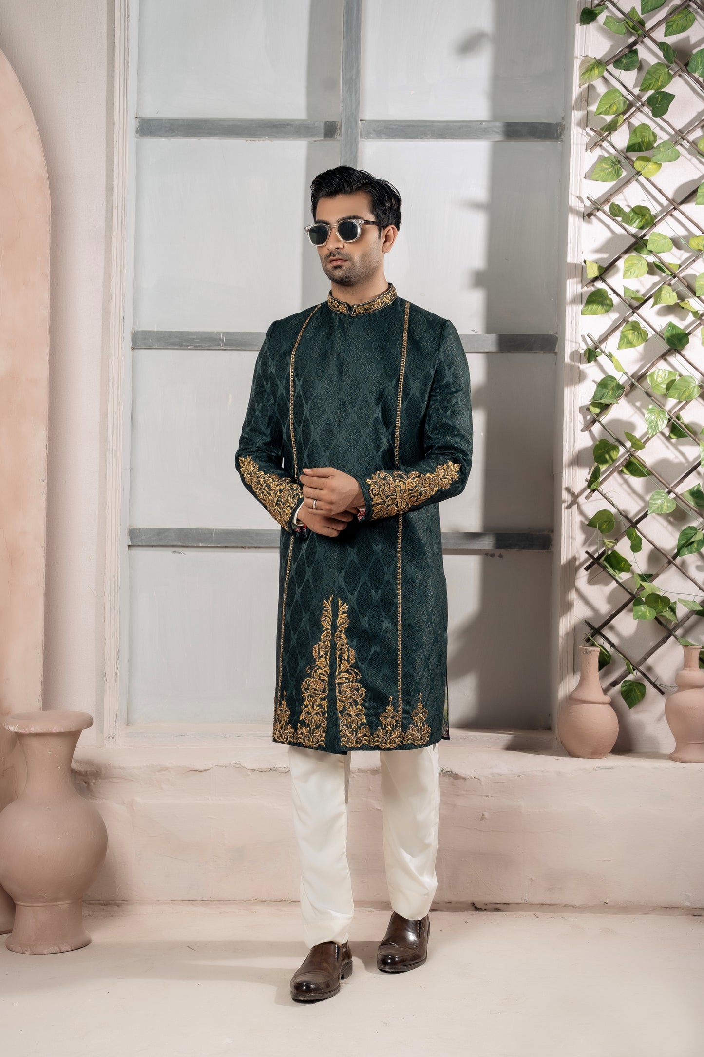 Green Jacquard Sherwani