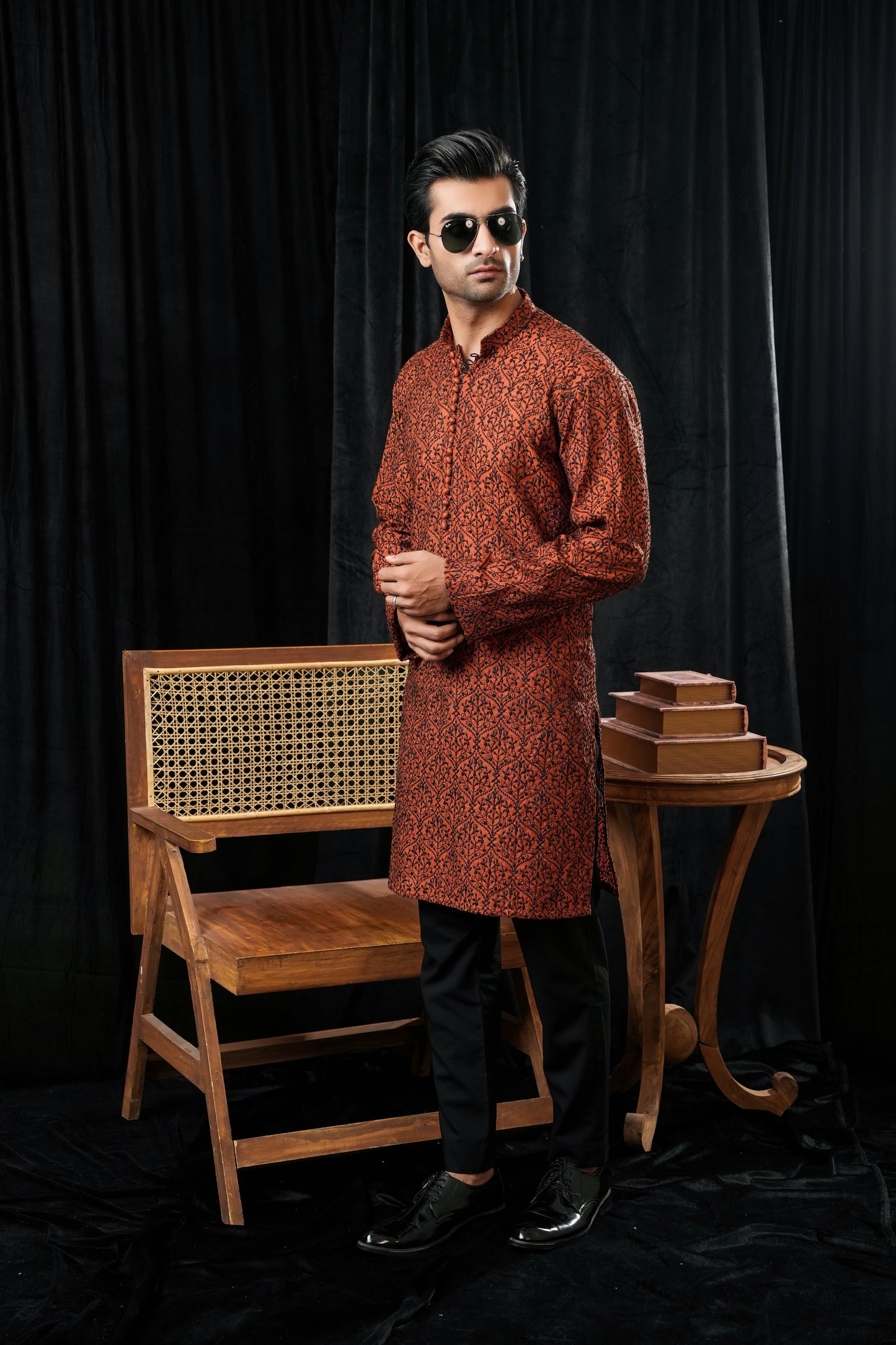 ORANGE & BLACK EMBROIDERED KURTA TROUSER