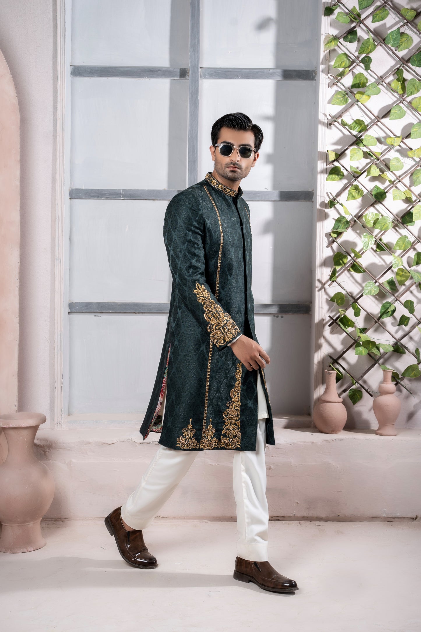 Green Jacquard Sherwani