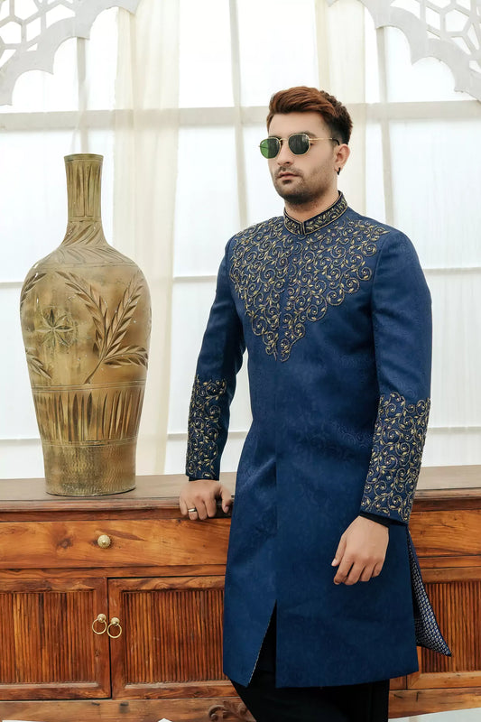 Blue Jacquard with Front and Sleeves Hand Work