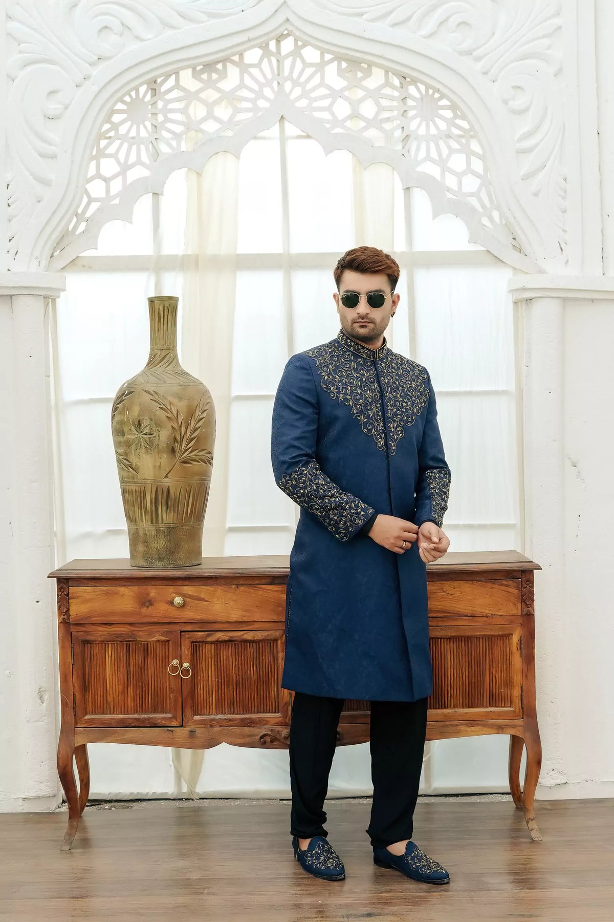 Blue Jacquard with Front and Sleeves Hand Work