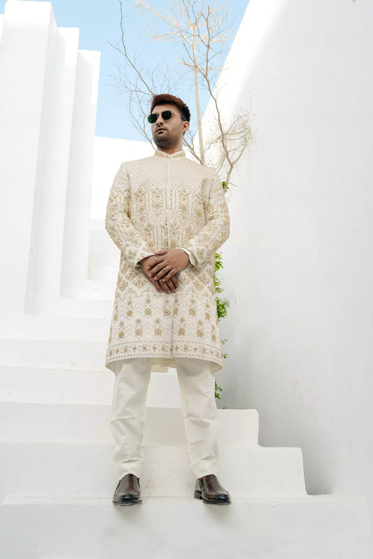 Pearl White with Complete Hand Work Sherwani