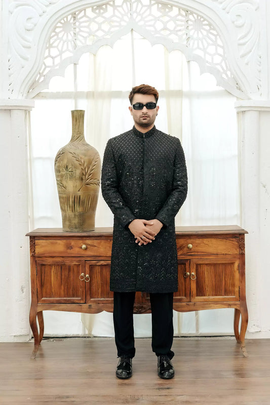 Black with Complete Hand Work Sherwani