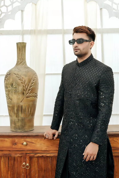 Black with Complete Hand Work Sherwani