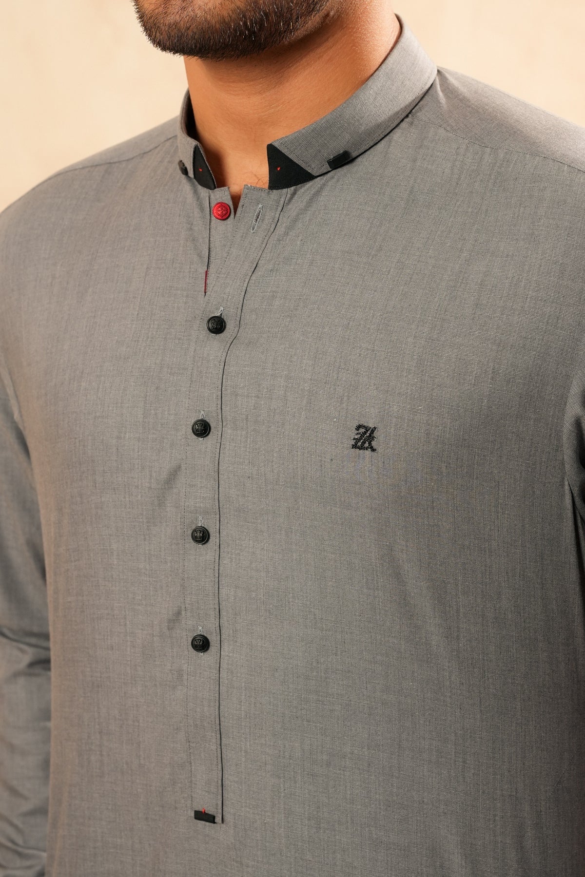 Grey Fold Collar Kurta Trouser