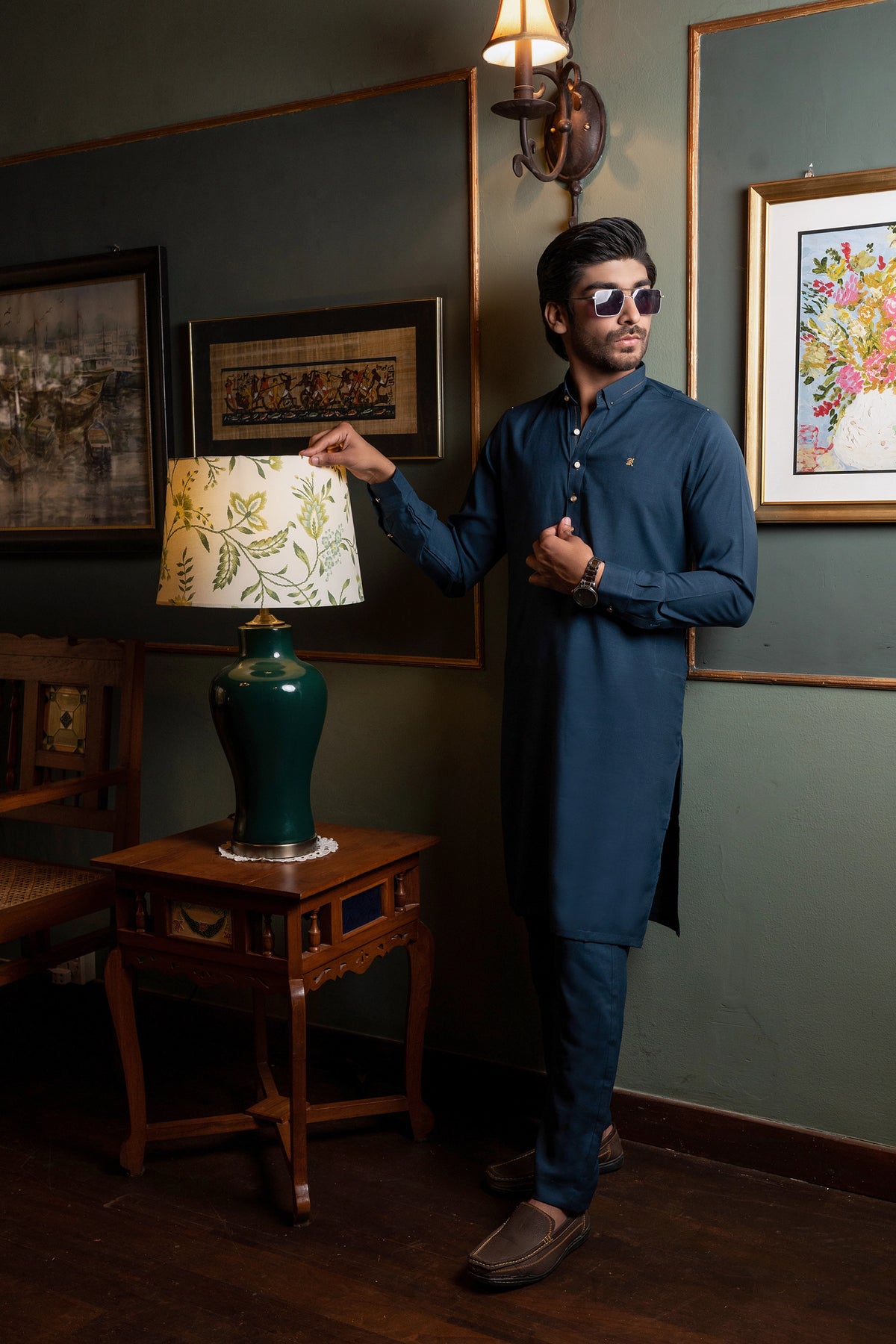 Teal Blue Collar Pinned Kurta Trouser