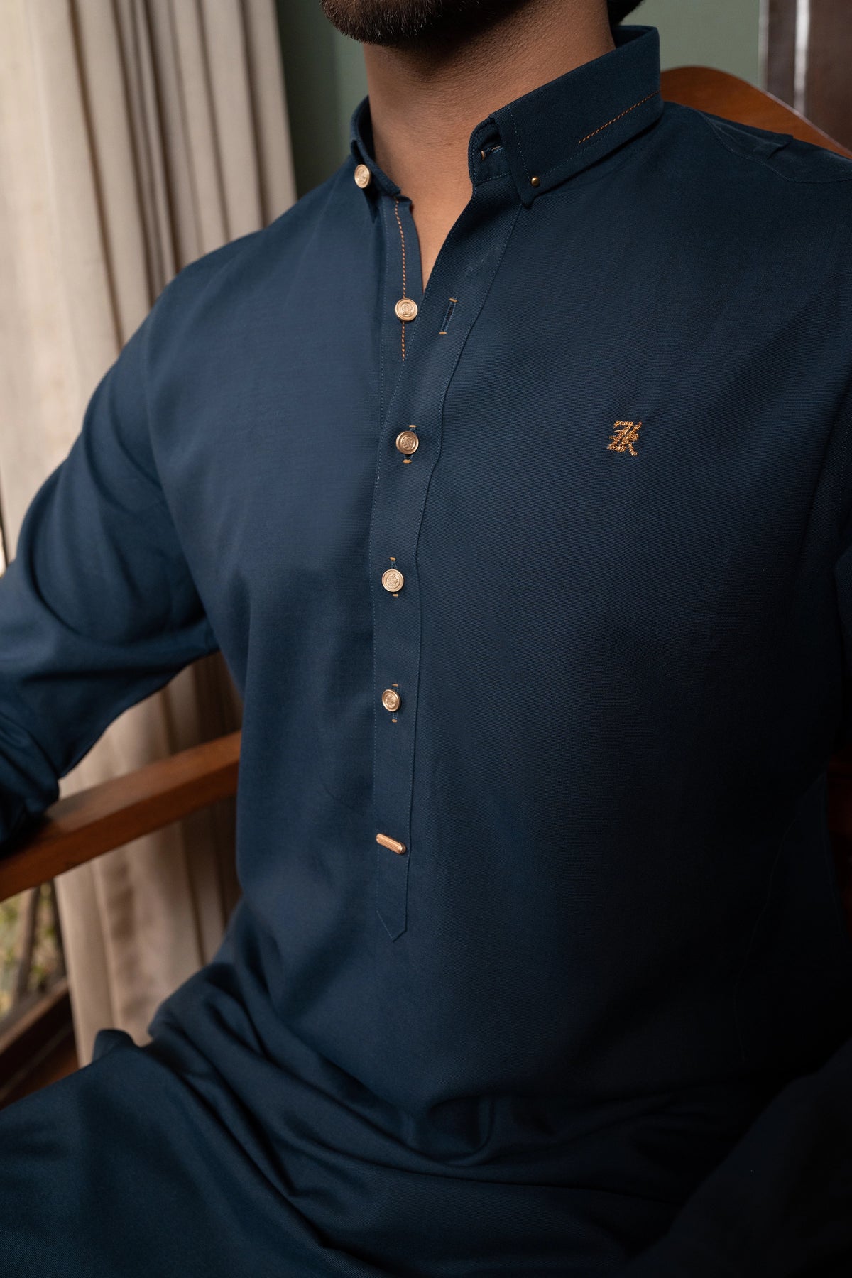 Teal Blue Collar Pinned Kurta Trouser