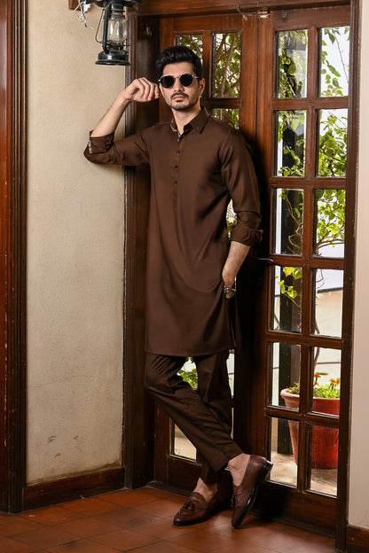 Brown Textured Classic Collar Kurta Trouser