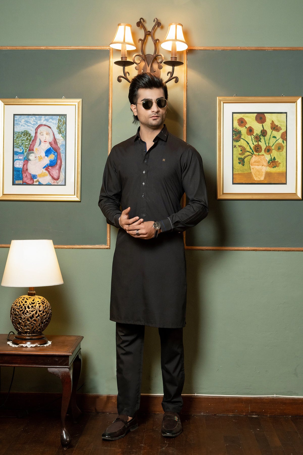 Black Textured Kurta Trouser