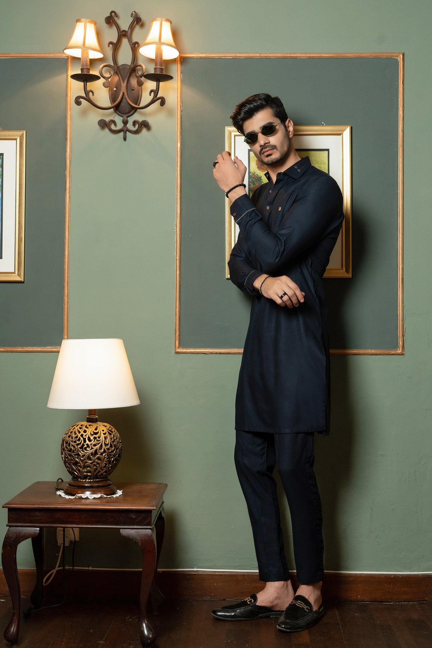 Navy Blue Textured Kurta Trouser