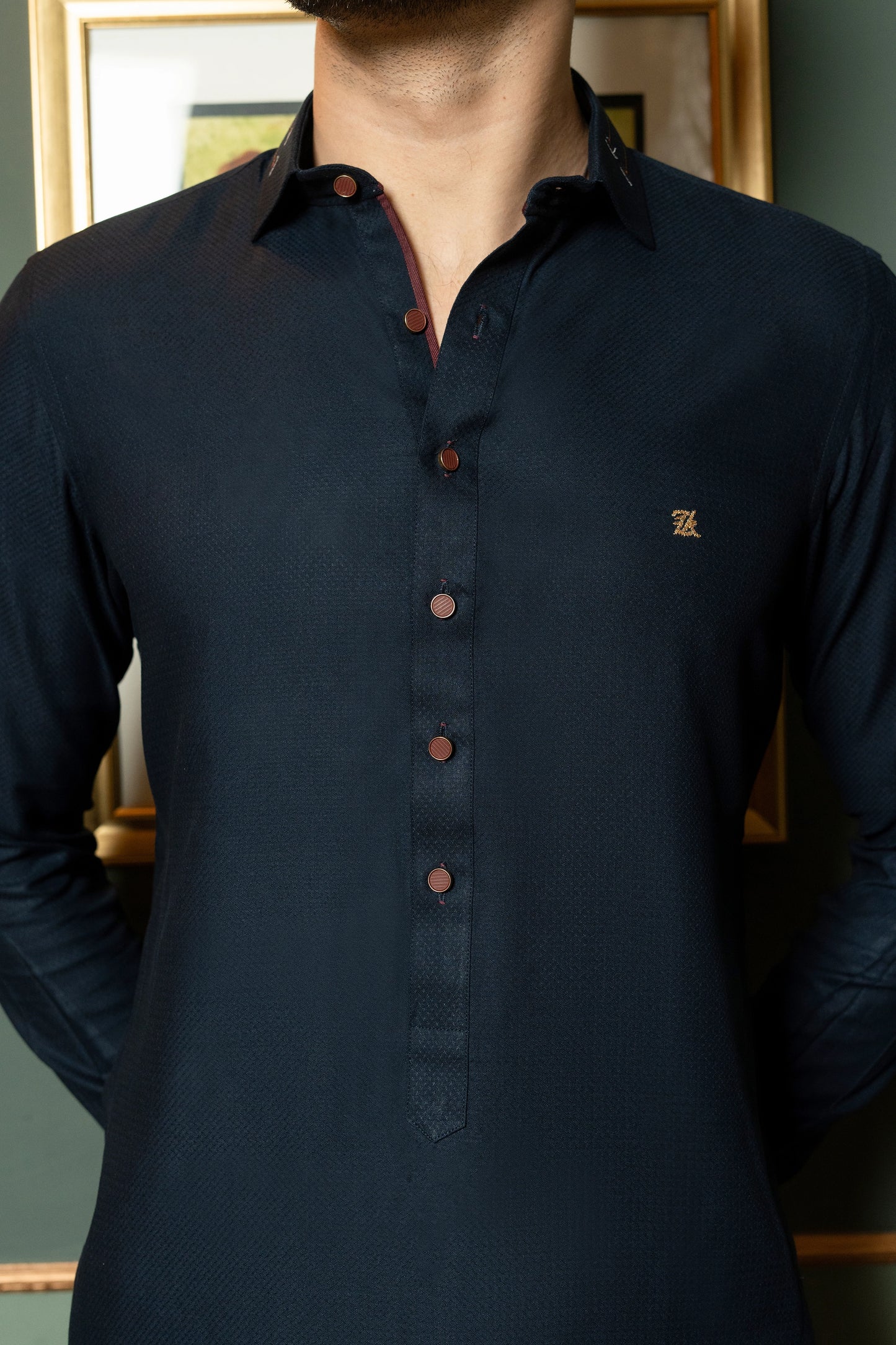 Navy Blue Textured Kurta Trouser