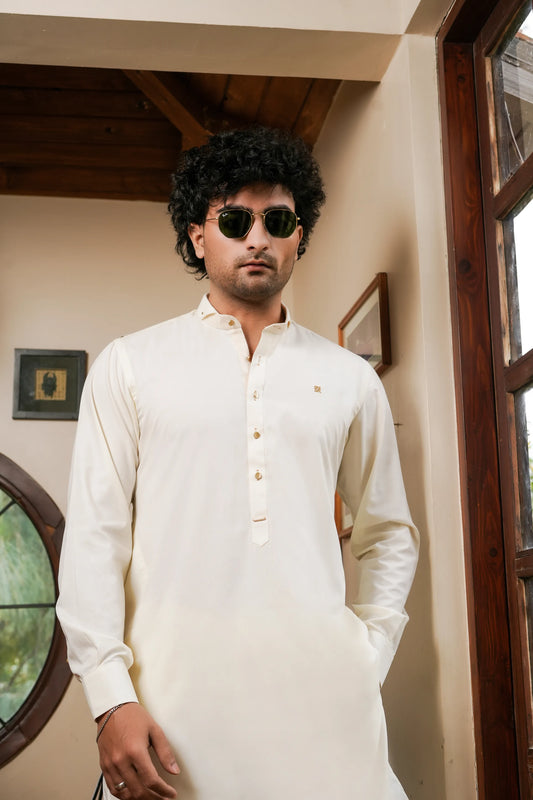 Cream Cut Way Kurta Trouser