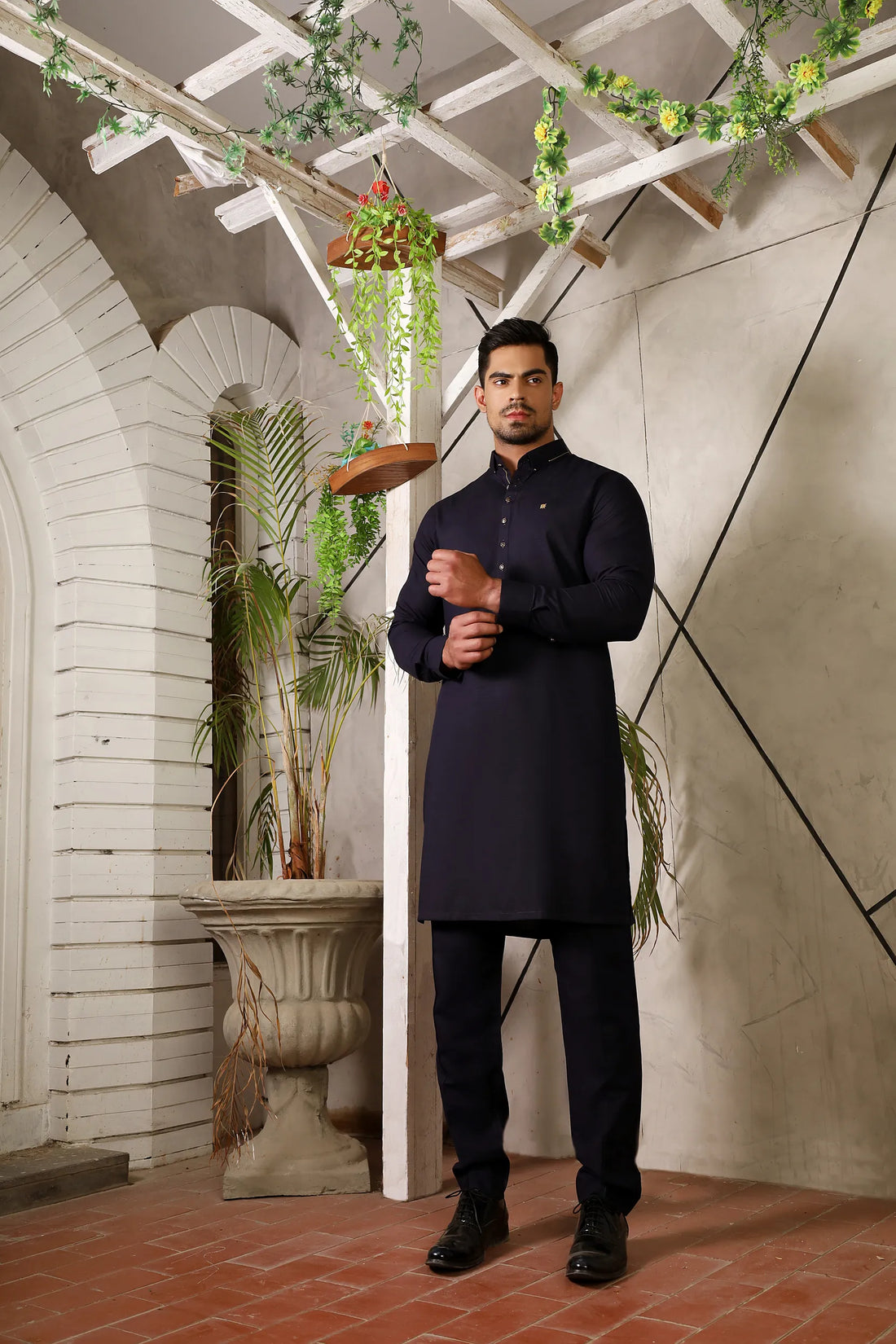 Mid Night Blue Button Pinned Collar Kurta Trouser