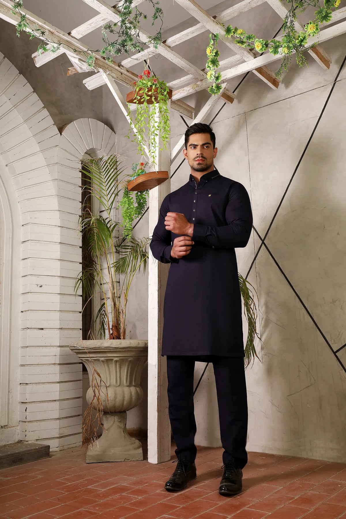 Mid Night Blue Button Pinned Collar Kurta Trouser