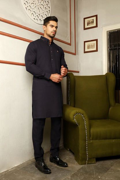 Mid Night Blue Button Pinned Collar Kurta Trouser