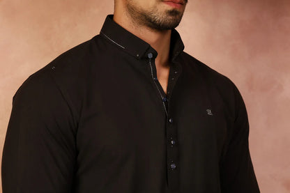 Black Button Pinned Collar Kurta Trouser