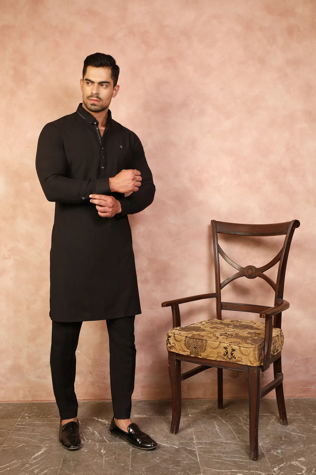 Black Button Pinned Collar Kurta Trouser
