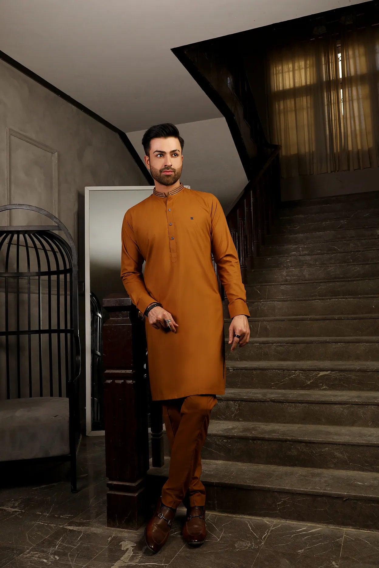 Mustard with Kat Dana Band Collar Kurta Trouser