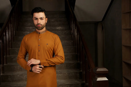 Mustard with Kat Dana Band Collar Kurta Trouser