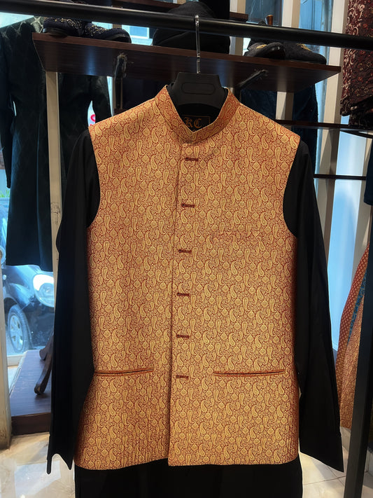 Golden & Red Jamawar Waist Coat